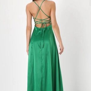 Enchanting Appearance Green Satin Lace-Up Maxi Dress